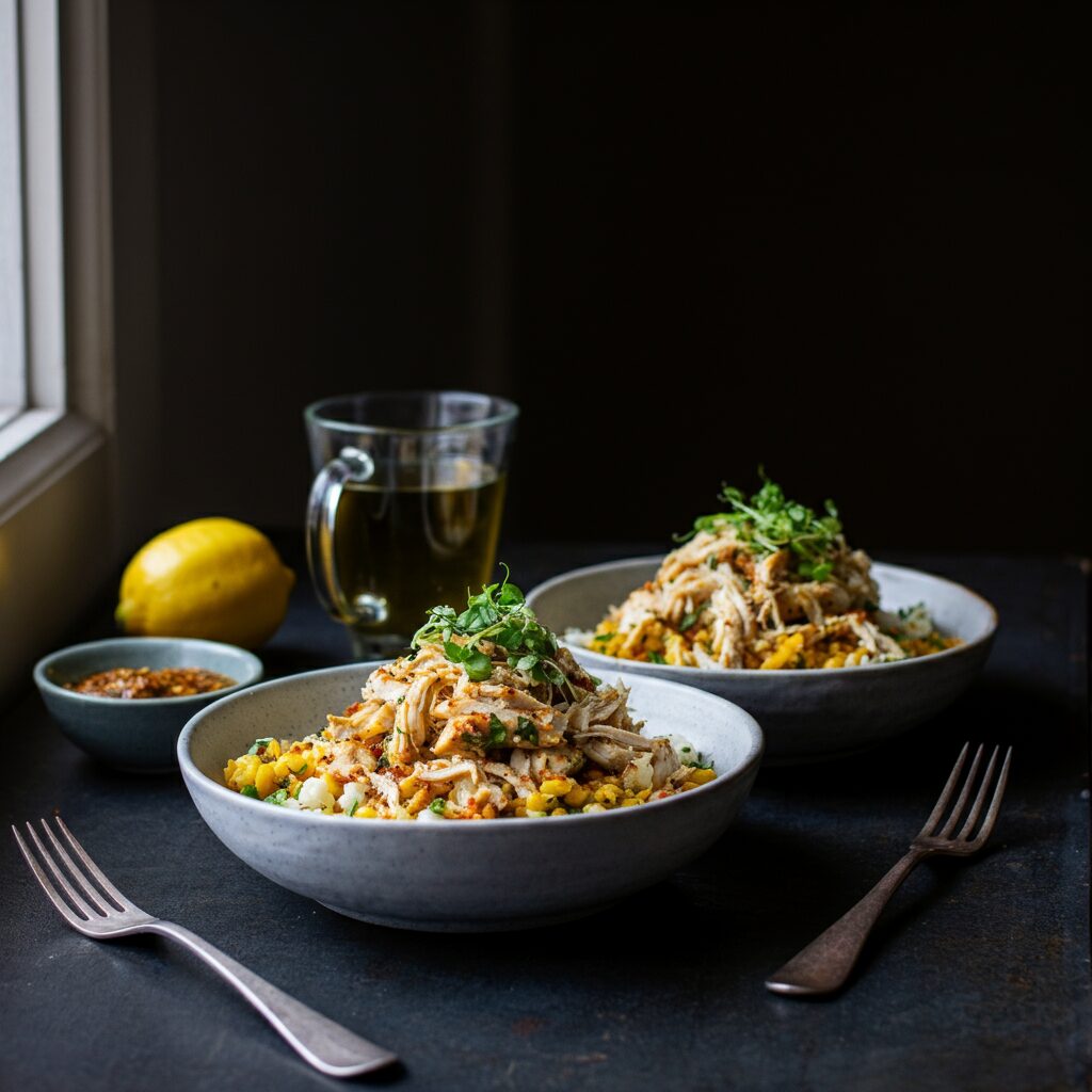 Greek Lemon-Herb Shredded Chicken Bowls