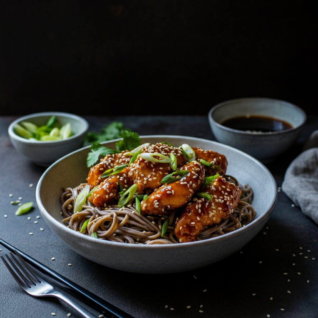 Spicy Peanut Sesame Chicken & Soba Noodle Bowl