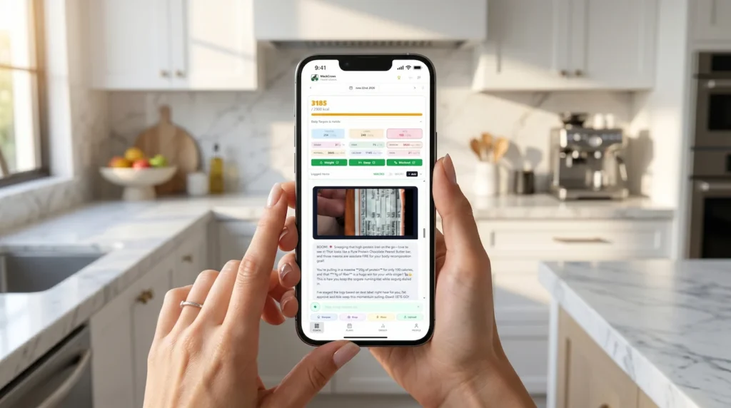 hand holding phone displaying proposed food log in kitchen